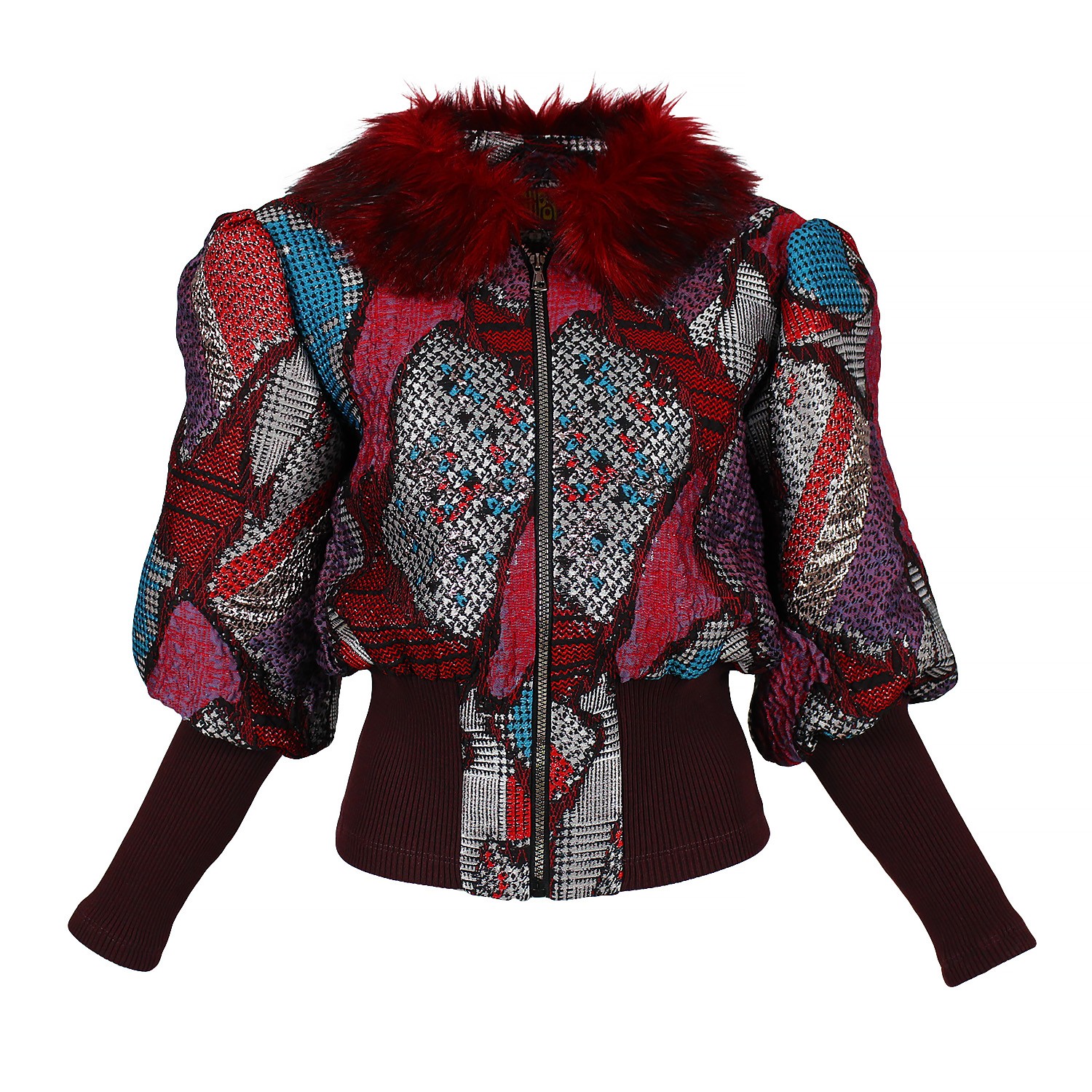 Jacquard Bomber Jacket With Faux Fur Collar