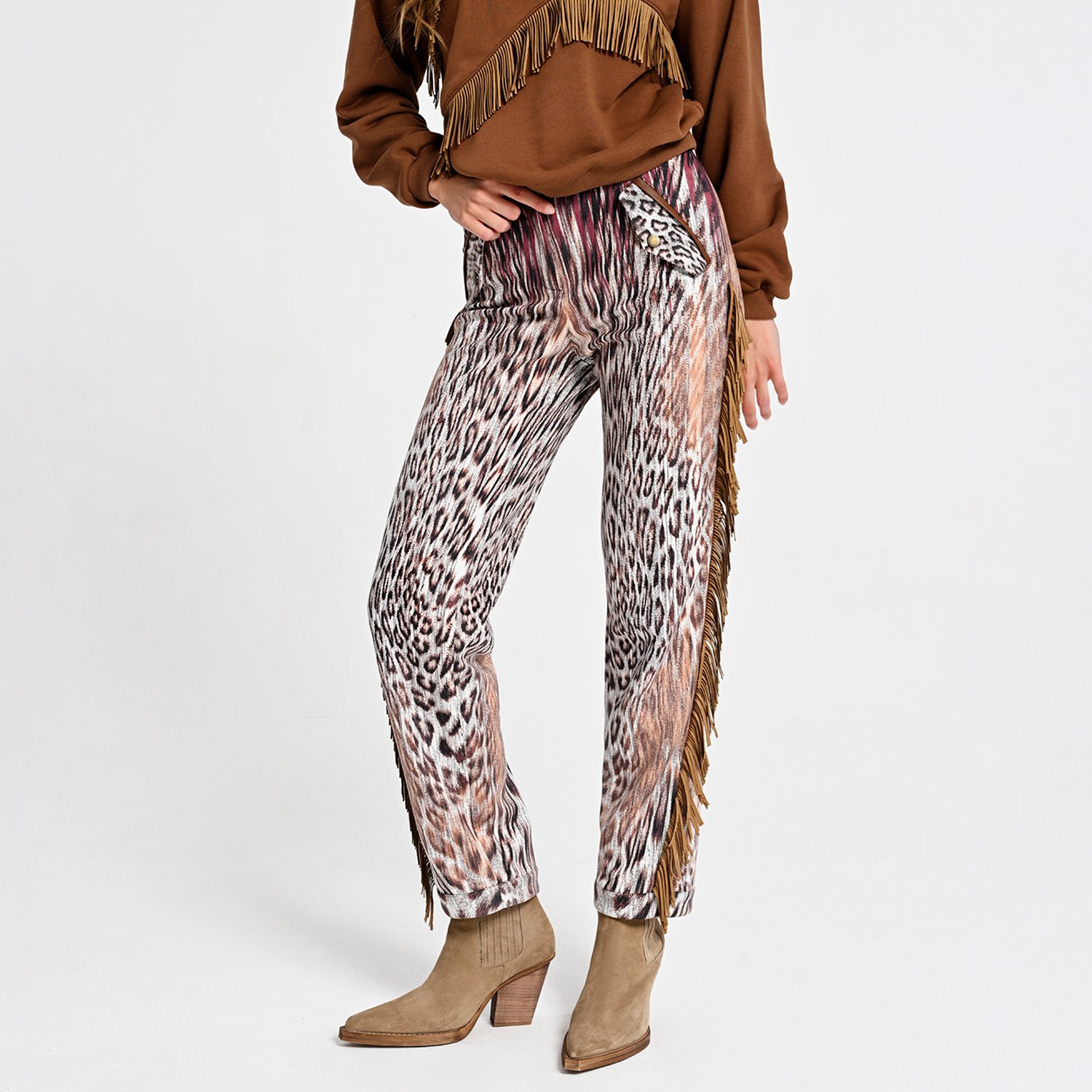 Straight-Leg Pants with Animal Print and Fringe Details