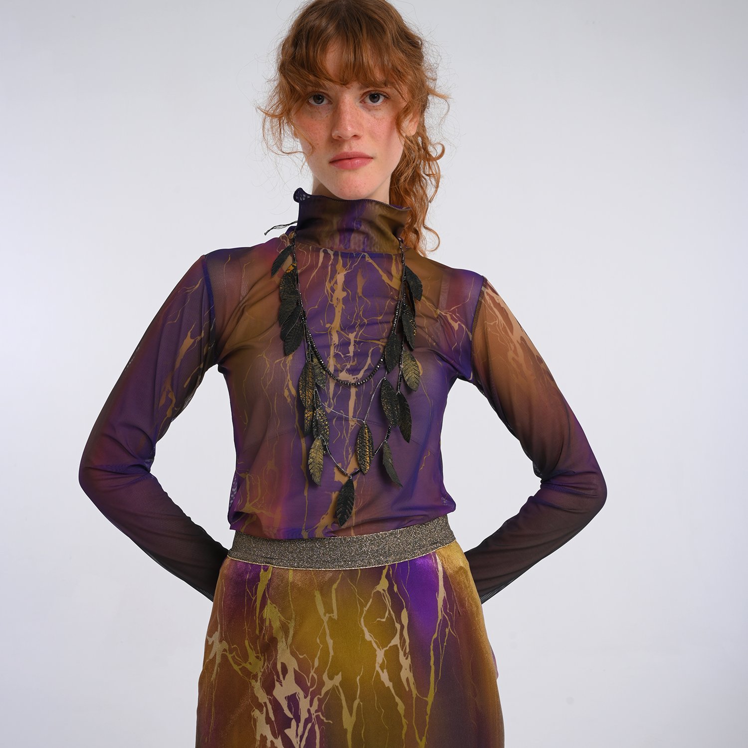 Abstract Printed Semi-Sheer Tulle Top