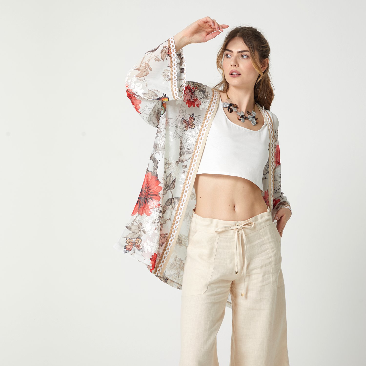 Floral Print Embroidered Chiffon Kimono
