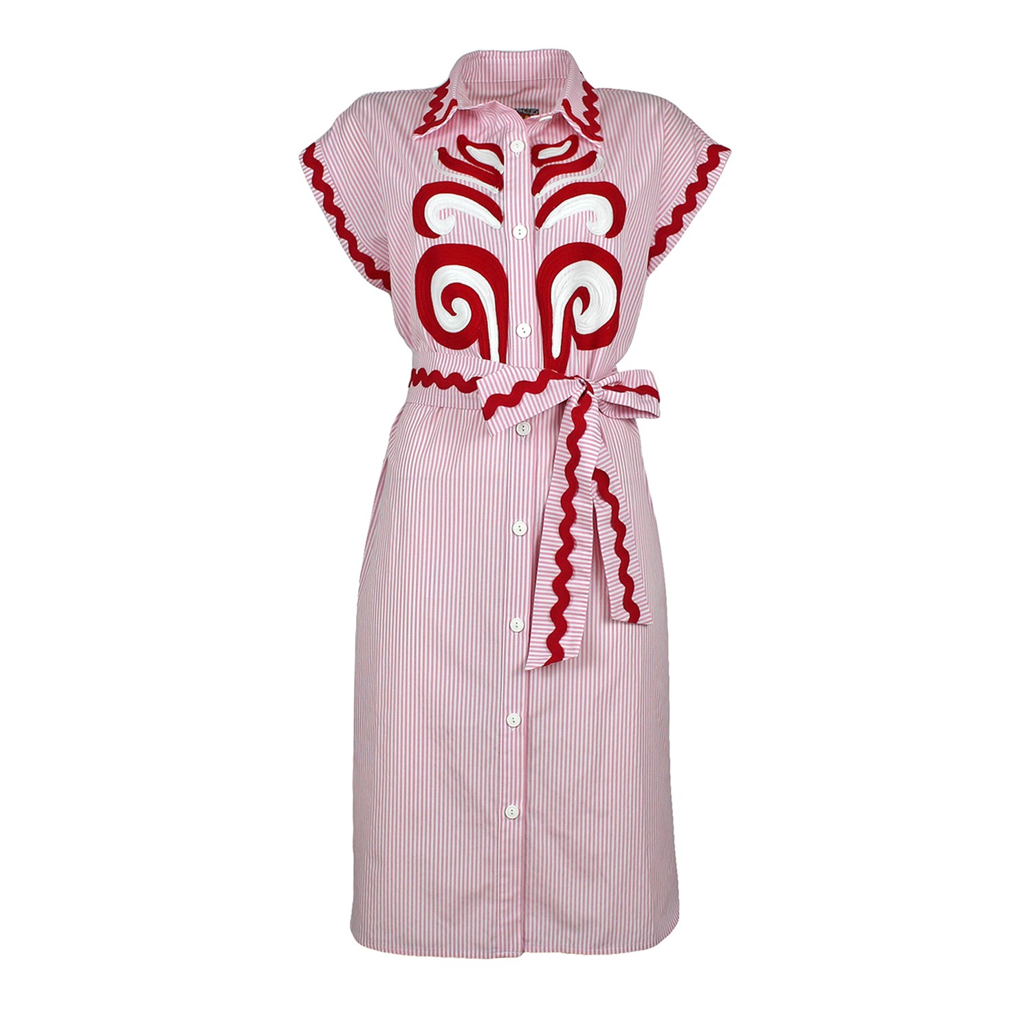 Pinstripe Cotton Shirtdress With Paisley Embroidery