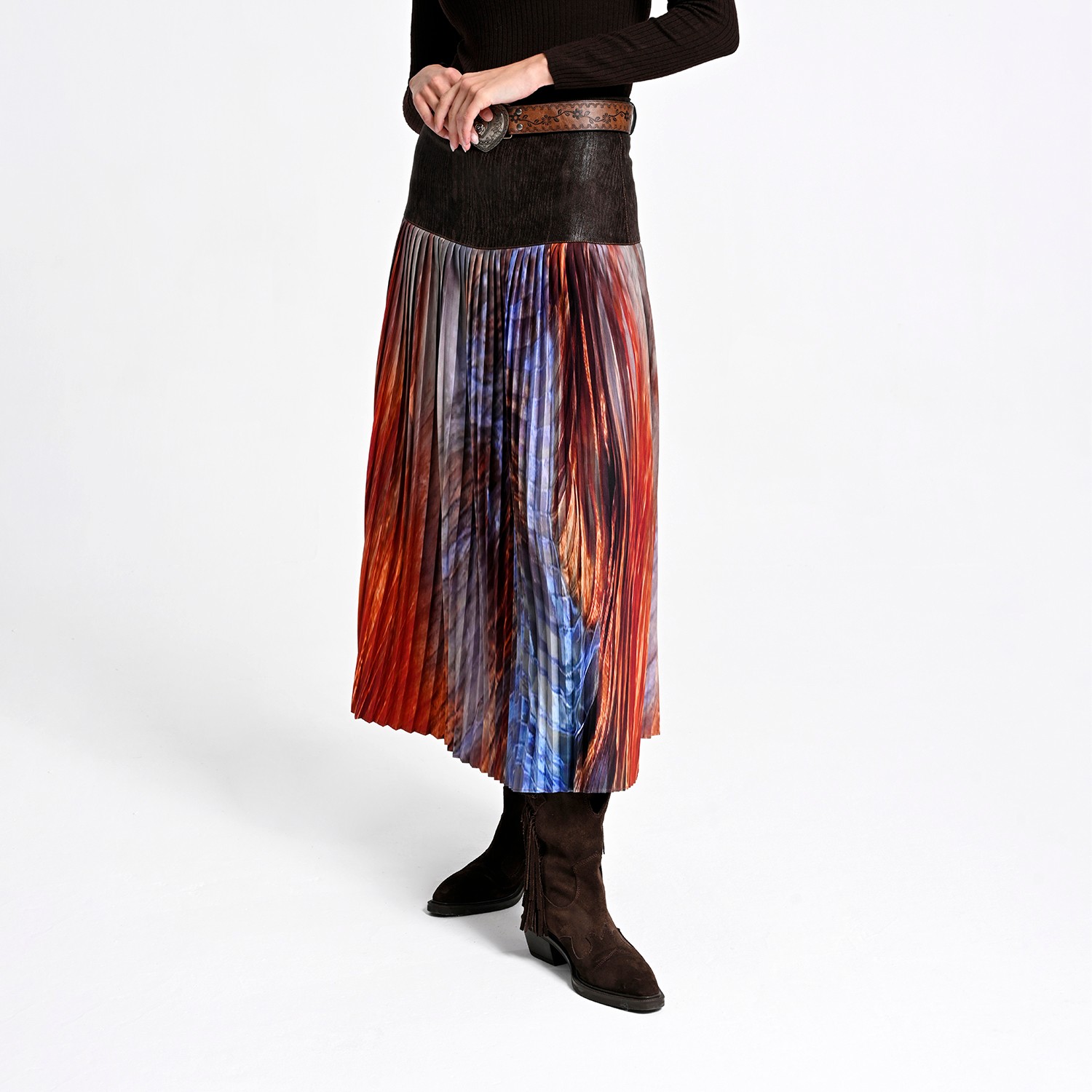 Pleated Midi Skirt With Wood-Textured Suede Feel Vegan Leather Waist