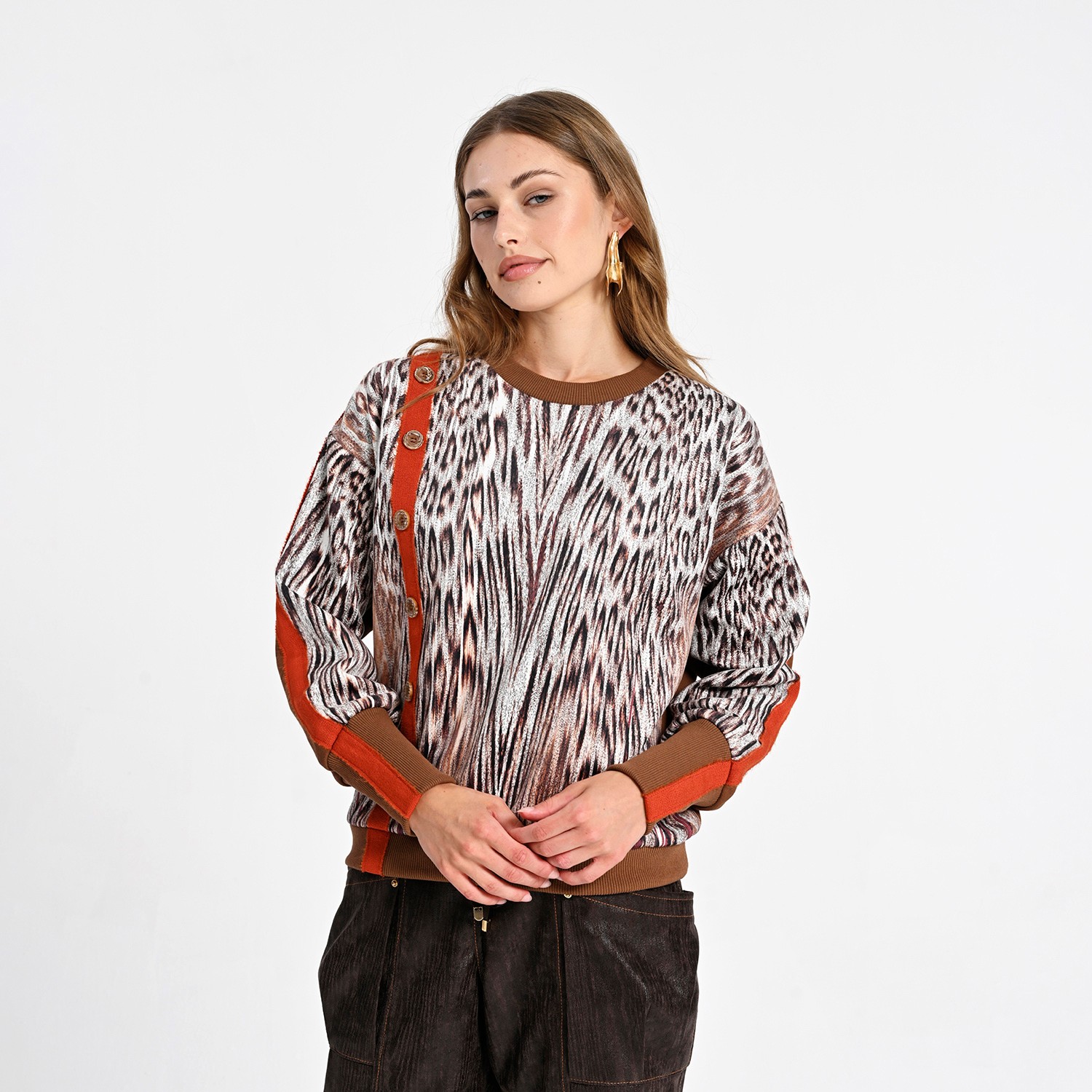 Animal Print Knit Sweatshirt with Button Detail