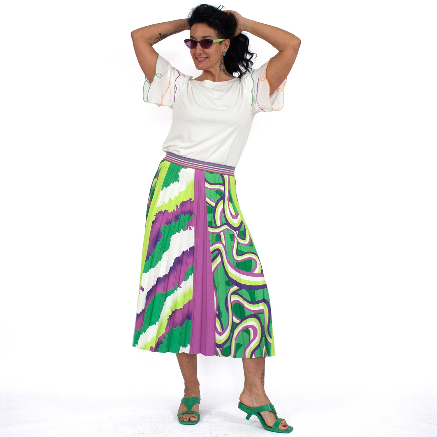 Half-Circle Pleated Midi Skirt With Colorful Digital Print