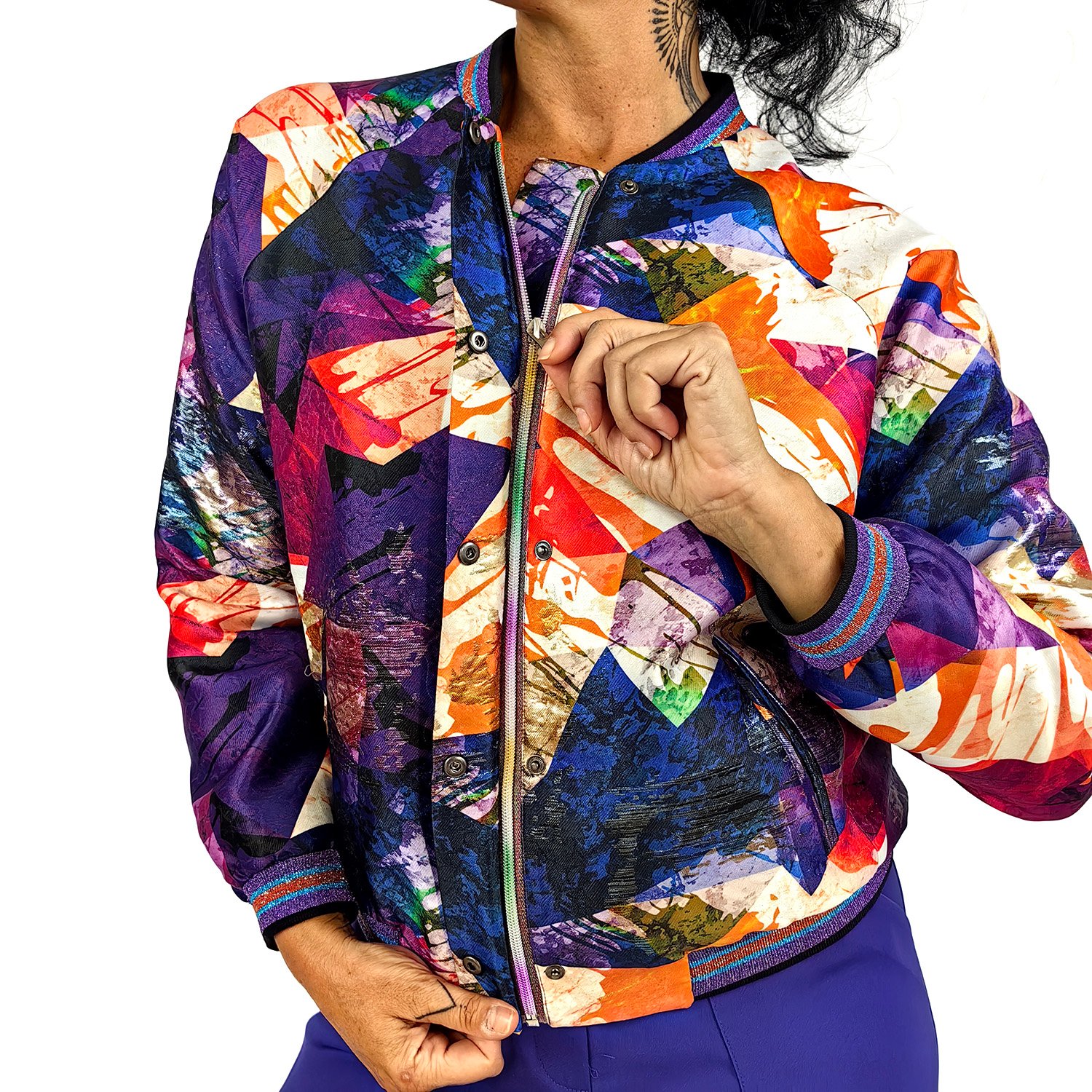Abstract Print Jacquard Bomber Jacket