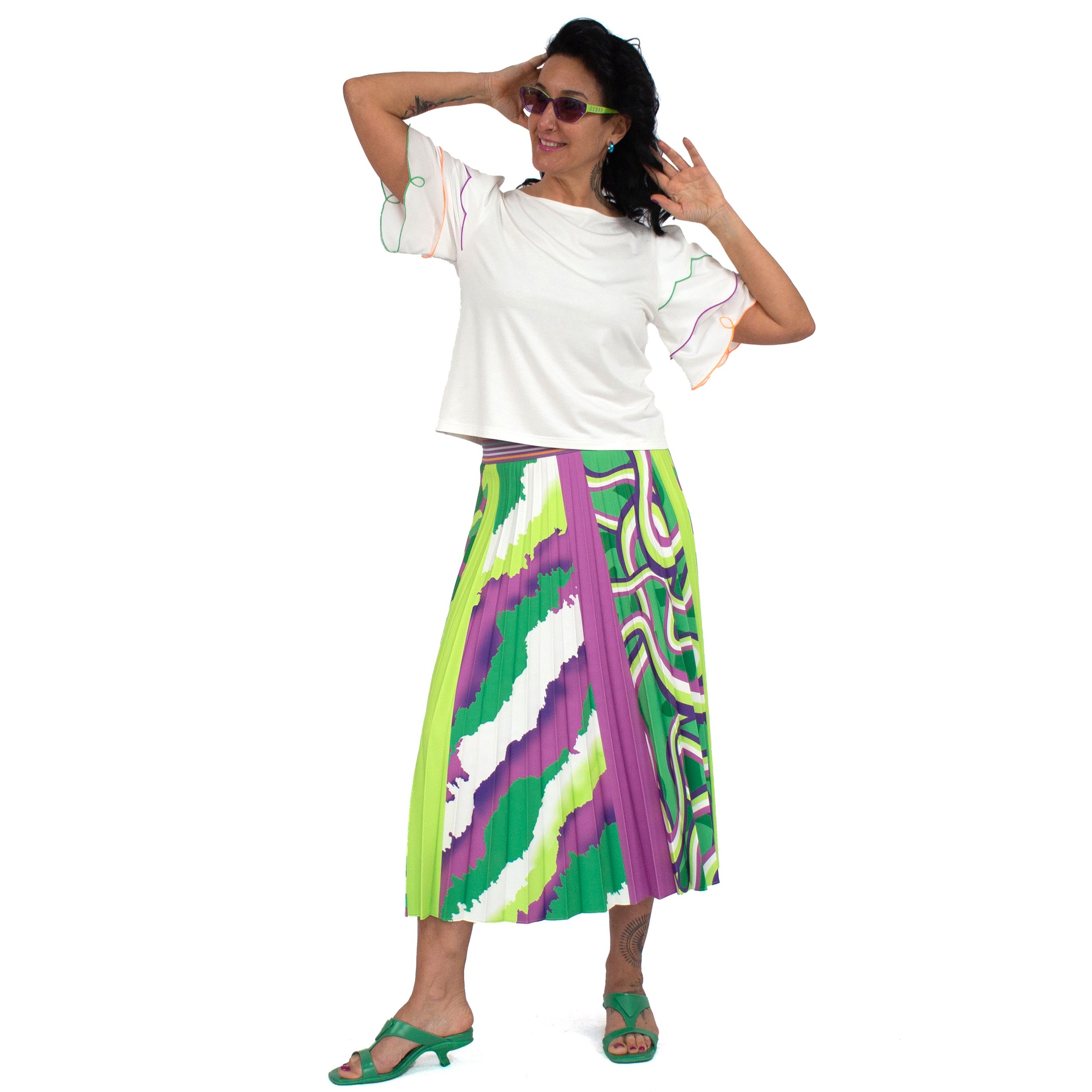 Half-Circle Pleated Midi Skirt With Colorful Digital Print