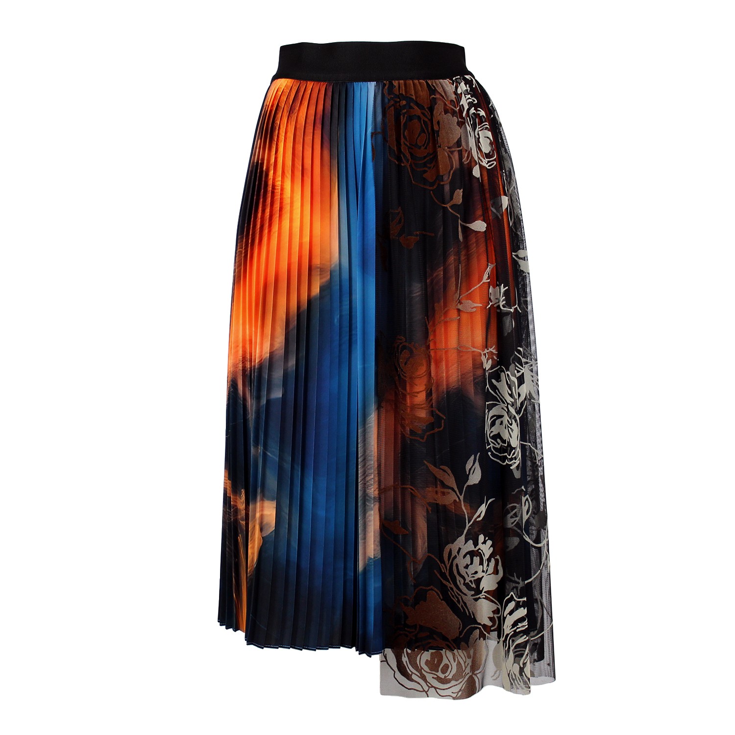 Pleated Midi Skirt with Asymmetric Floral Flock Tulle Overlay