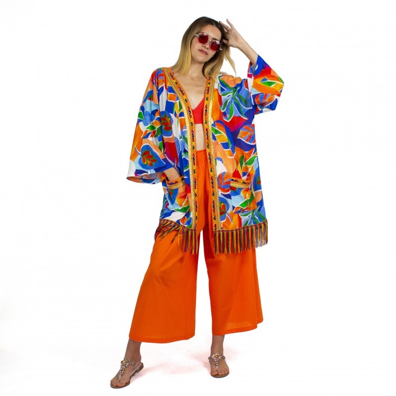 Colorful Leaf Print Midi Kimono with Embroidery Borders