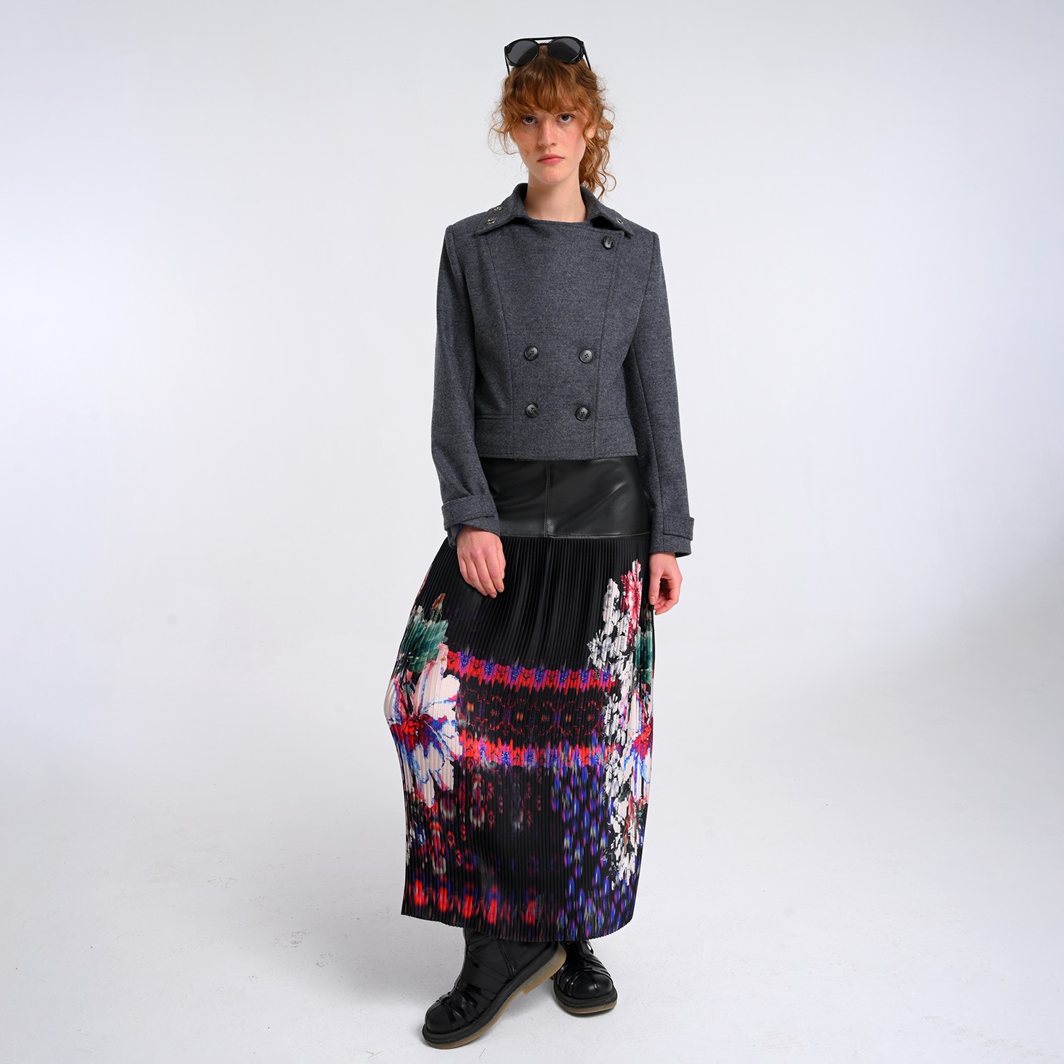 Medium Grey Wool Blend Colorful Eyelet Short Coat
