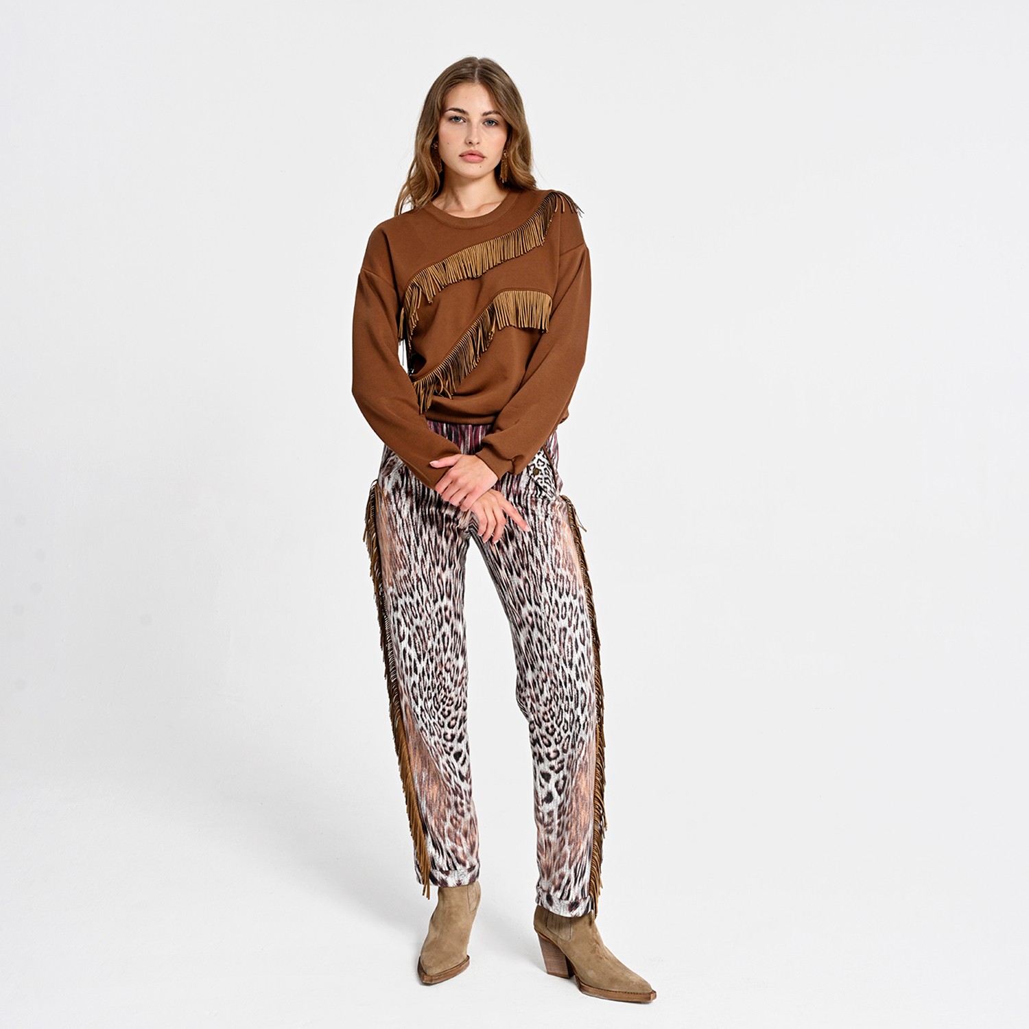 Straight-Leg Pants with Animal Print and Fringe Details
