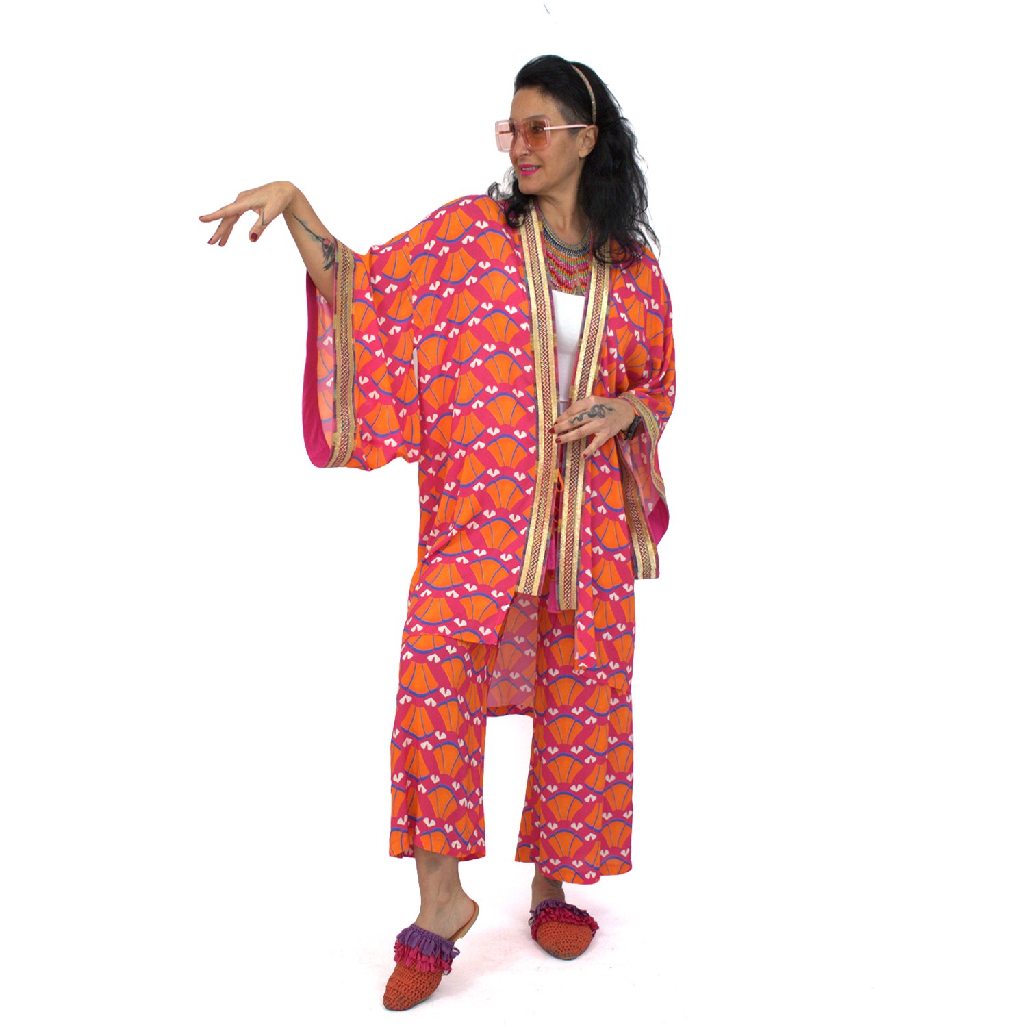 Multi-Color Abstract Viscose Kimono Embellished With Golden