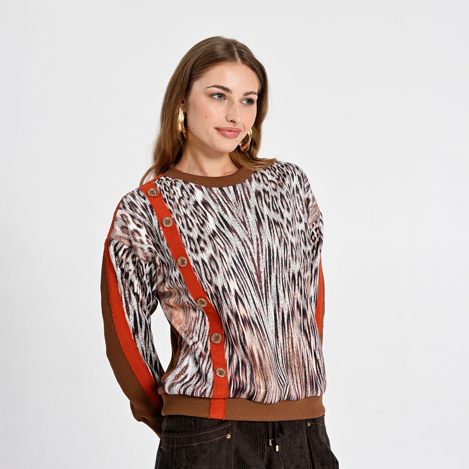 Animal Print Knit Sweatshirt with Button Detail