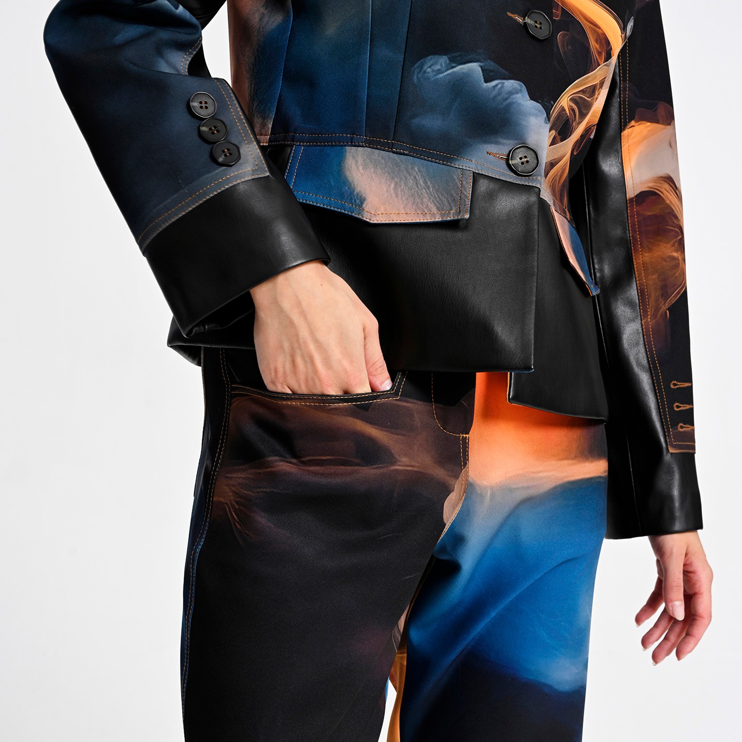 Wide-Leg Pants with Vegan Leather Waist and Digital Flame Print