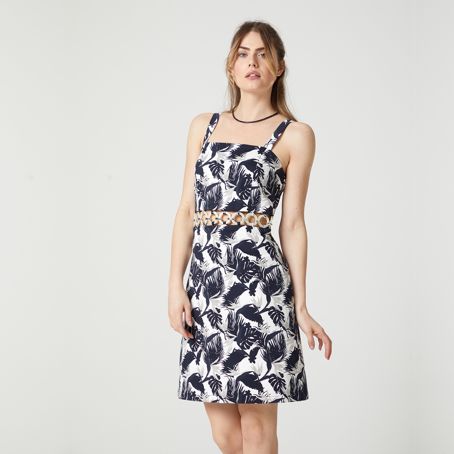 Palm Leaves Design Printed Ring Detailed Cut-Out Mini Dress