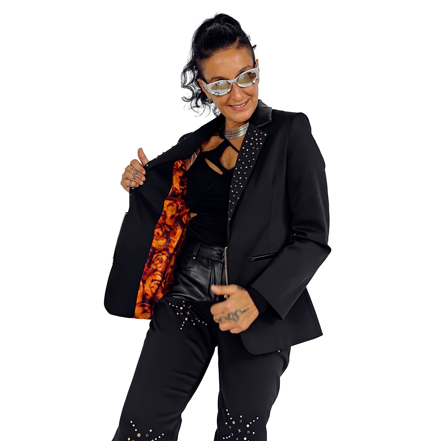 Stud Embellished Tailored Black Jacket With Floral Print Satin Lining