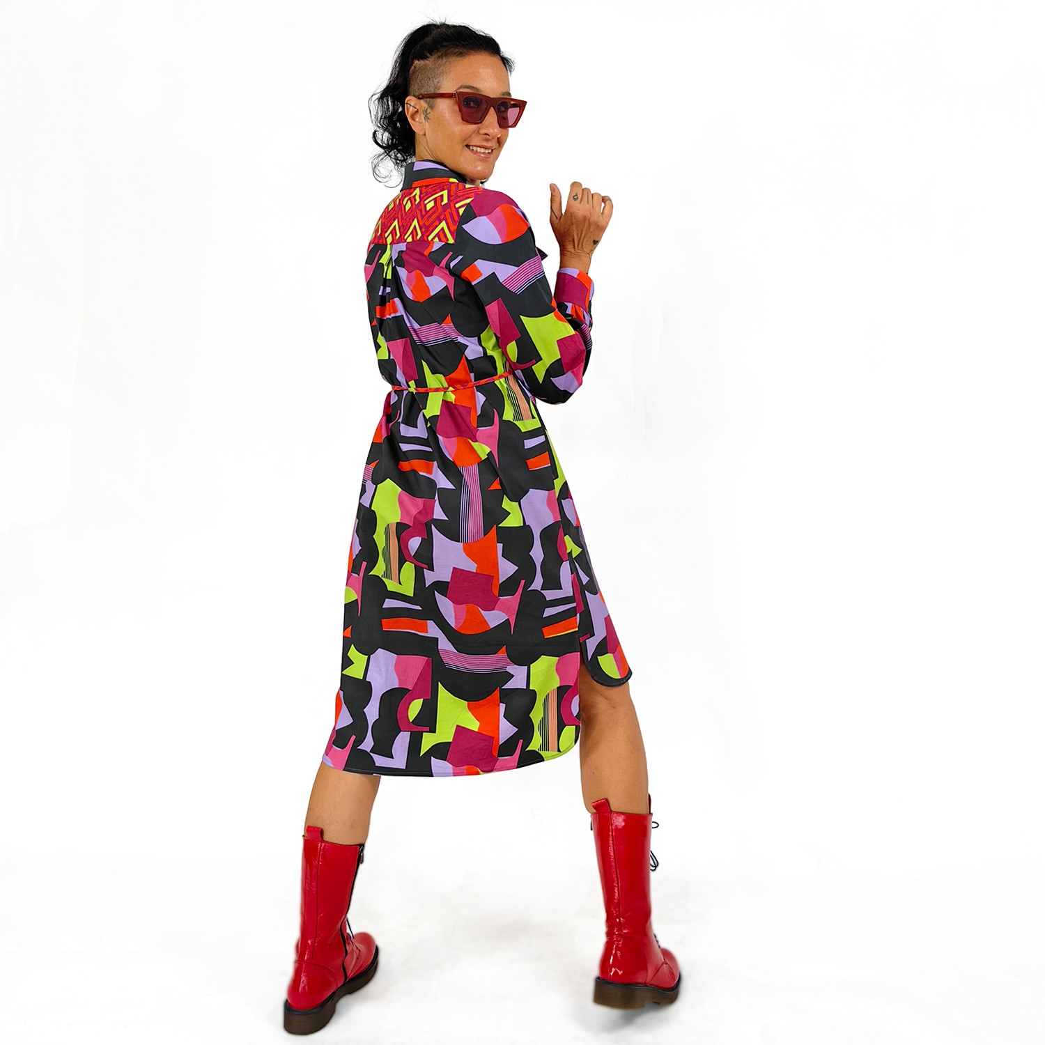 Geometric Color Block Cotton Shirt Dress