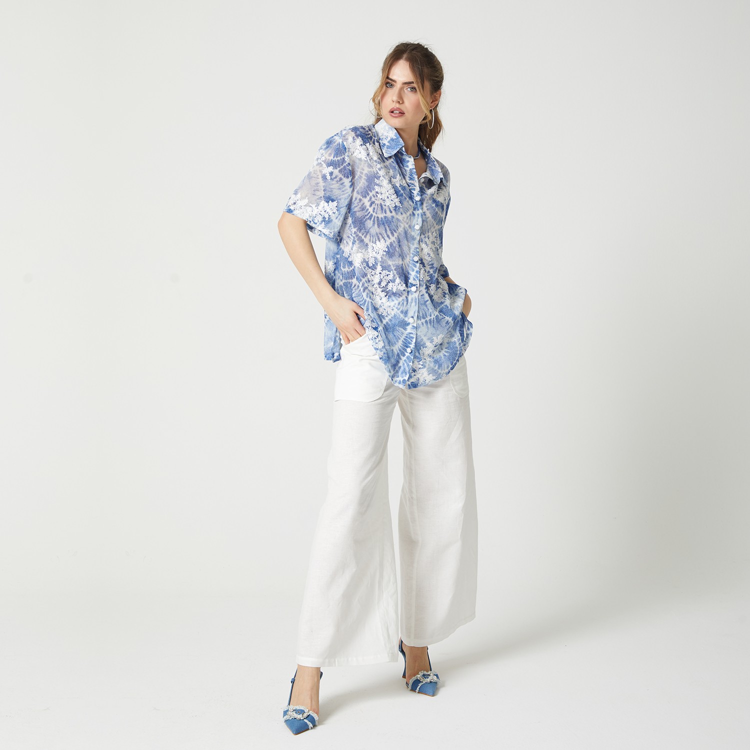 Chiffon Shirt With Tie-Dye Denim Effect Print And Embroidery Details