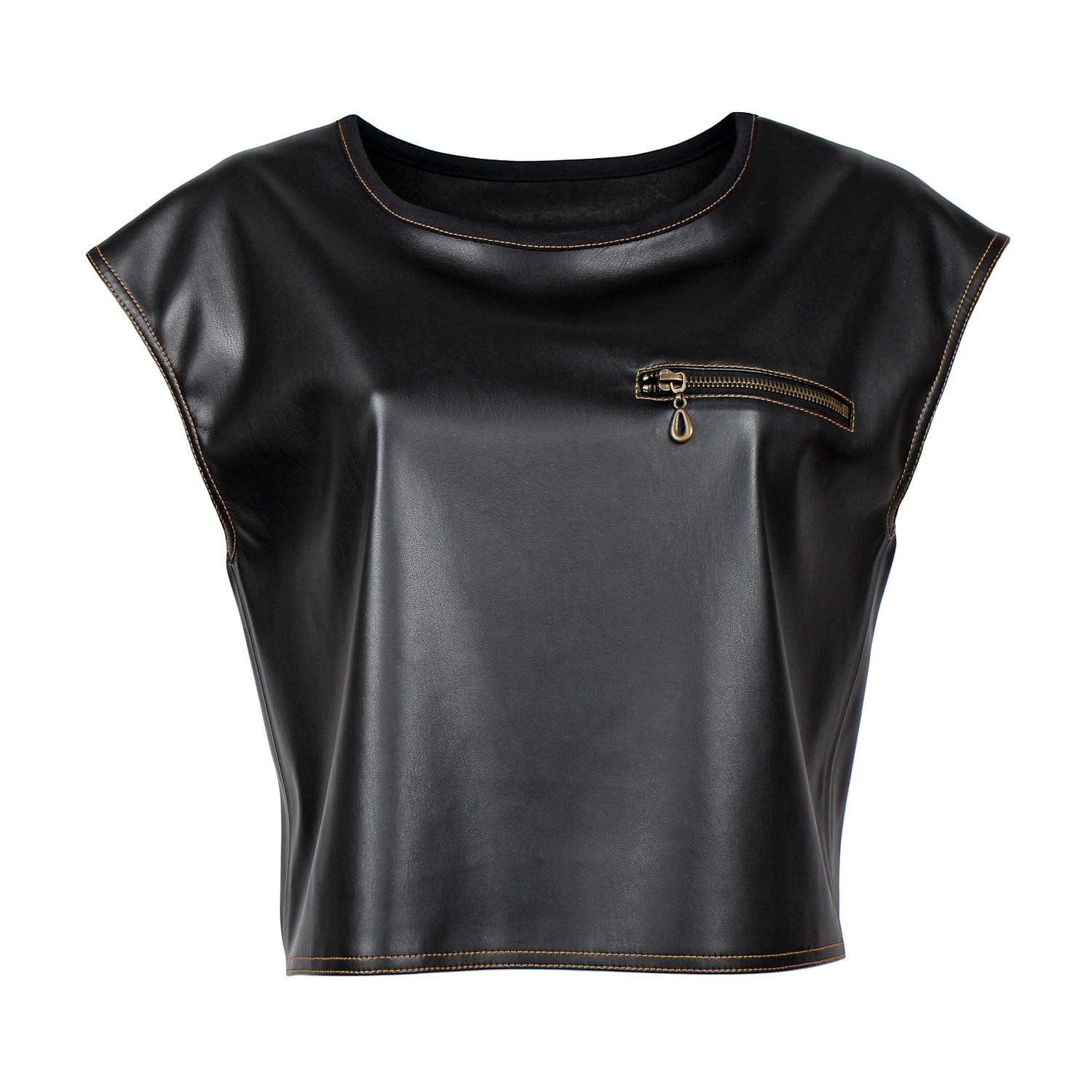 Sleeveless Blouse with Vegan Leather Finish and Zipper Detail