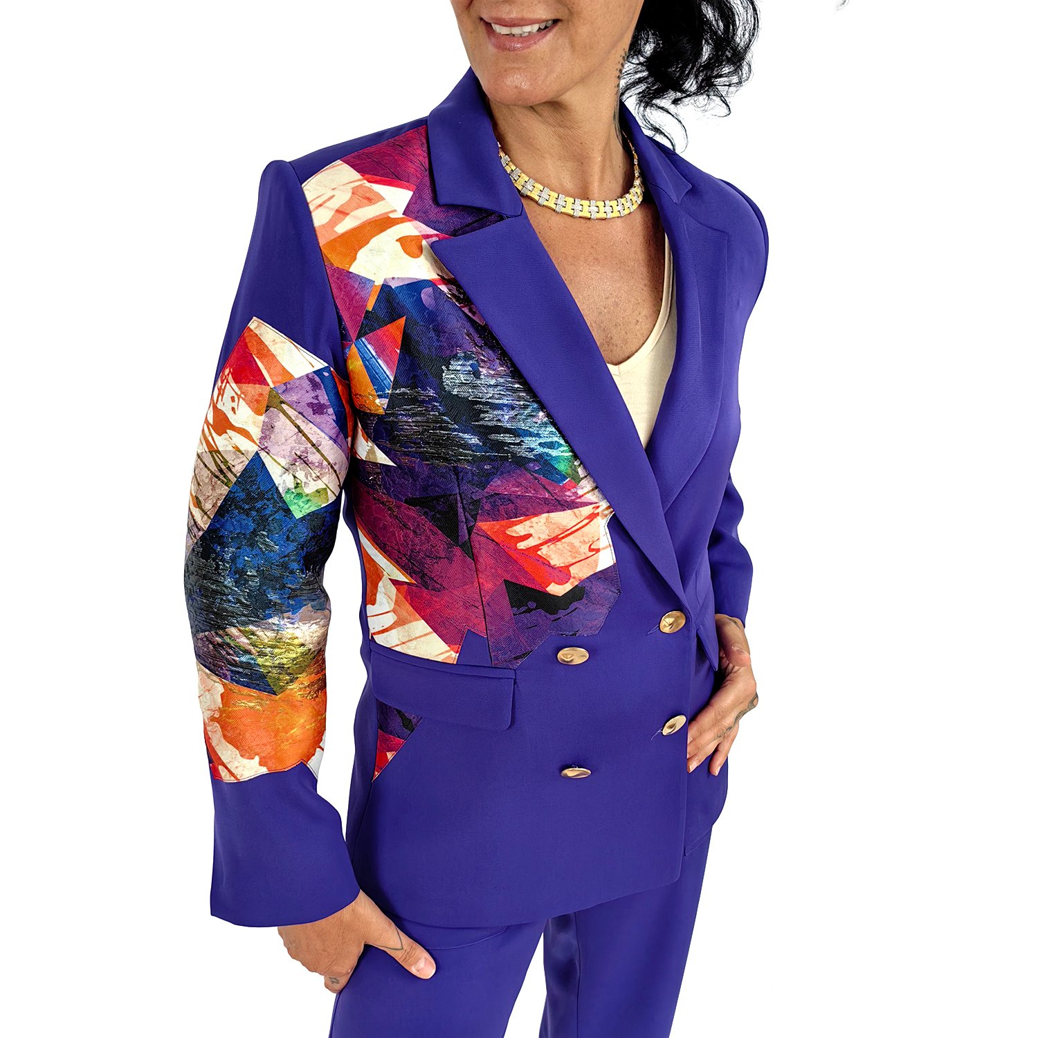 Double Breasted Purple Jacket Embellished With Laser-Cut Abstract Print Jacquard