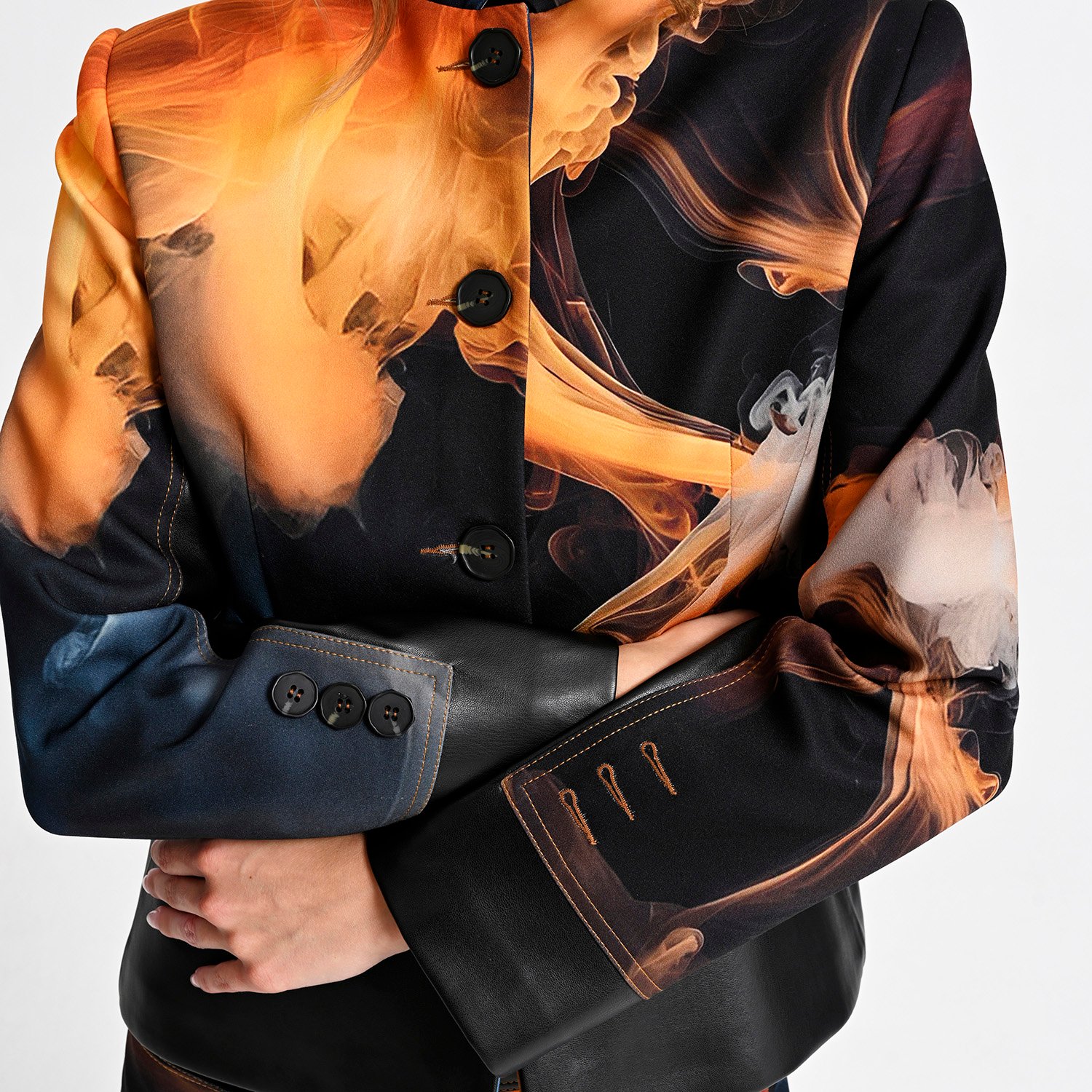 Cropped Jacket with Vegan Leather Trim and Digital Flame Print