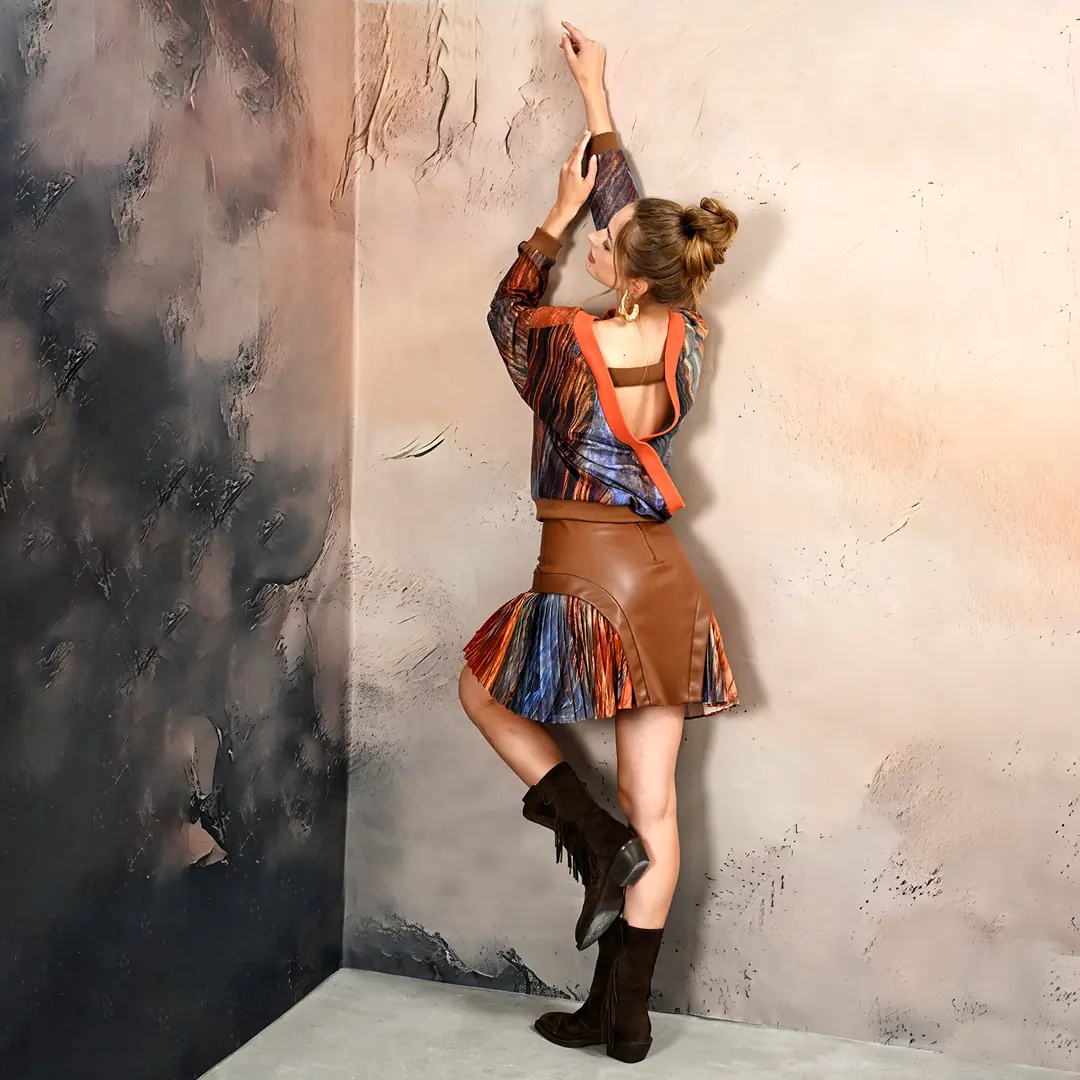 Mini Skirt With Pleated Digital Print Inserts And Vegan Leather Panels