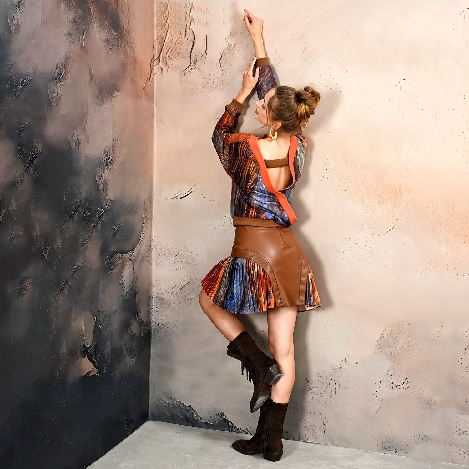 Mini Skirt With Pleated Digital Print Inserts And Vegan Leather Panels