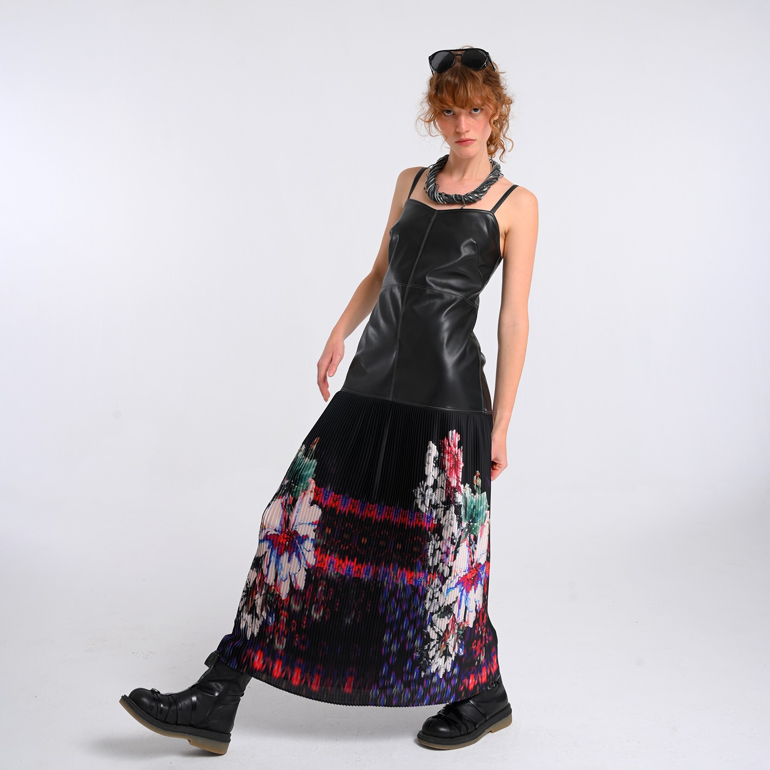Vegan Leather Maxi Dress With Pleated Skirt