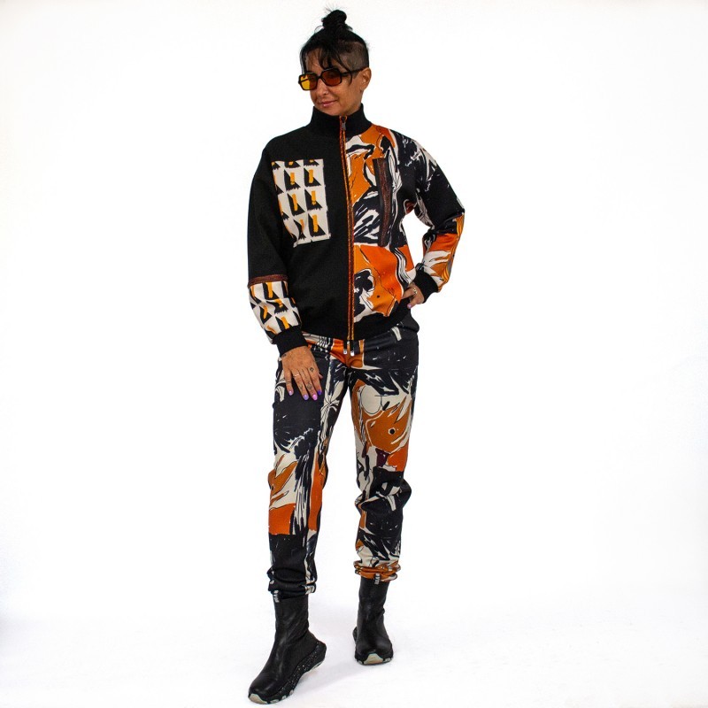 Patchwork Digital Print & Black Knitted Bomber Jacket