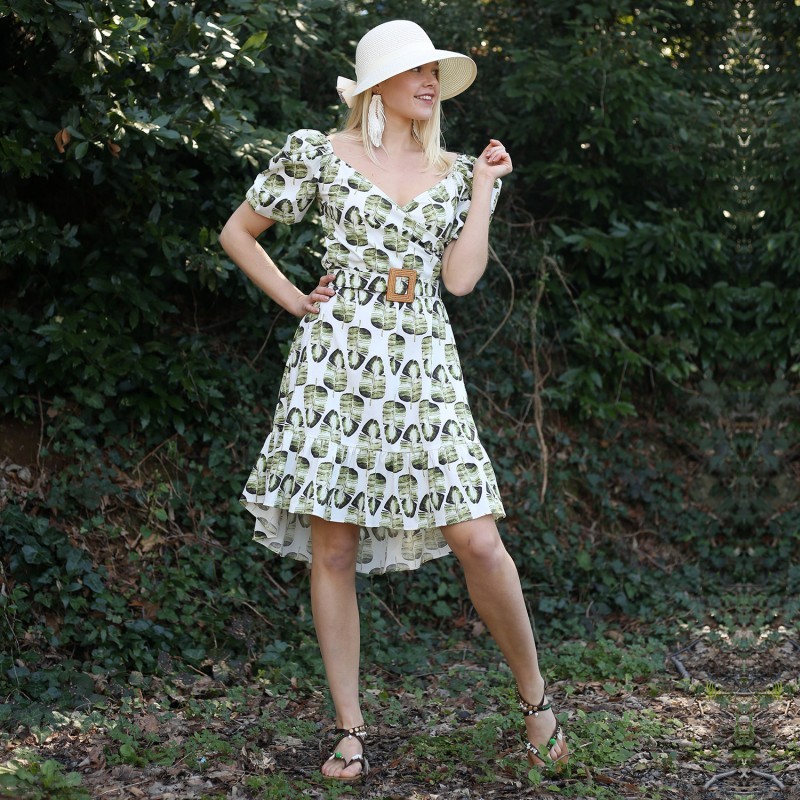 Above Knee Double Breasted Cotton Dress With Leaf Prints