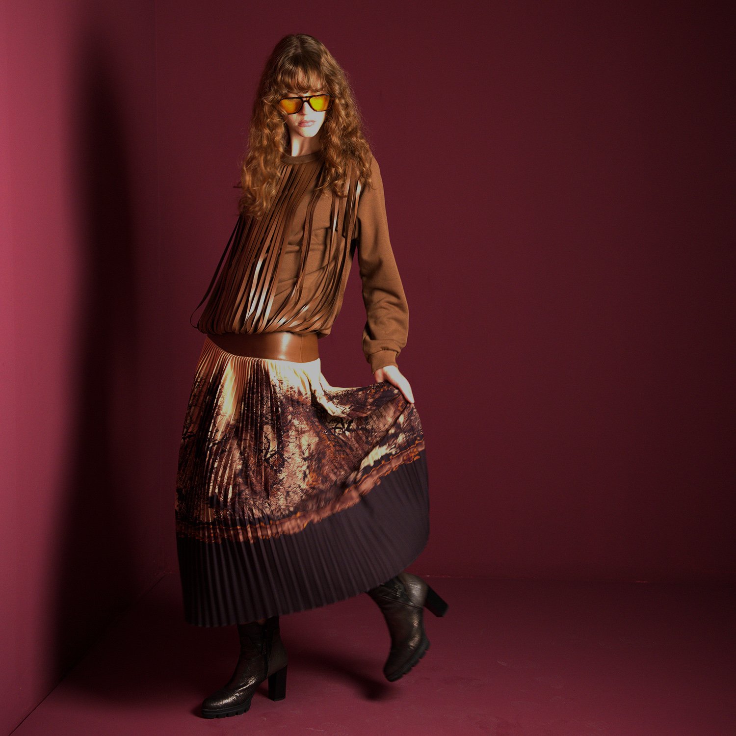 Walnut Sweatshirt With Laser-Cut Vegan Leather Fringes