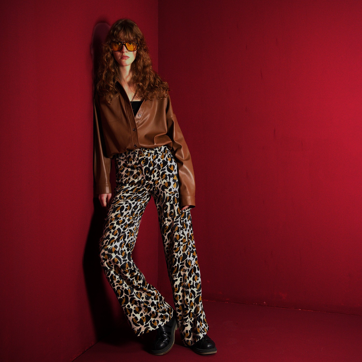 Leopard Print Ecovero Satin Wide-Leg Cargo Pants