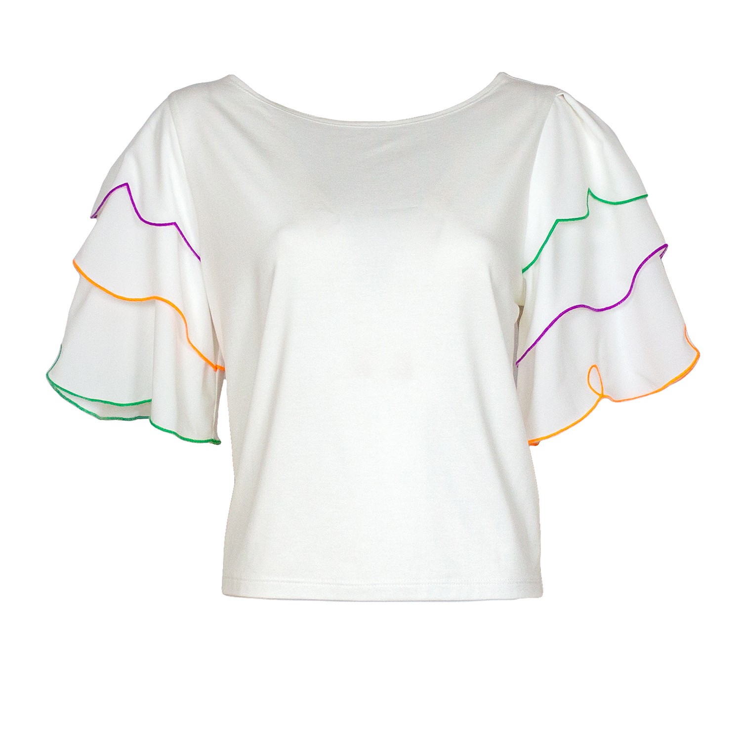 White Blouse With Laser-Cut Colorful Embroidered Sleeves