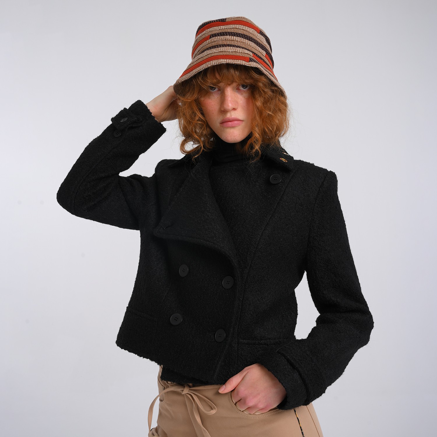 Black Felted Wool-Blend Colorful Eyelet Short Coat