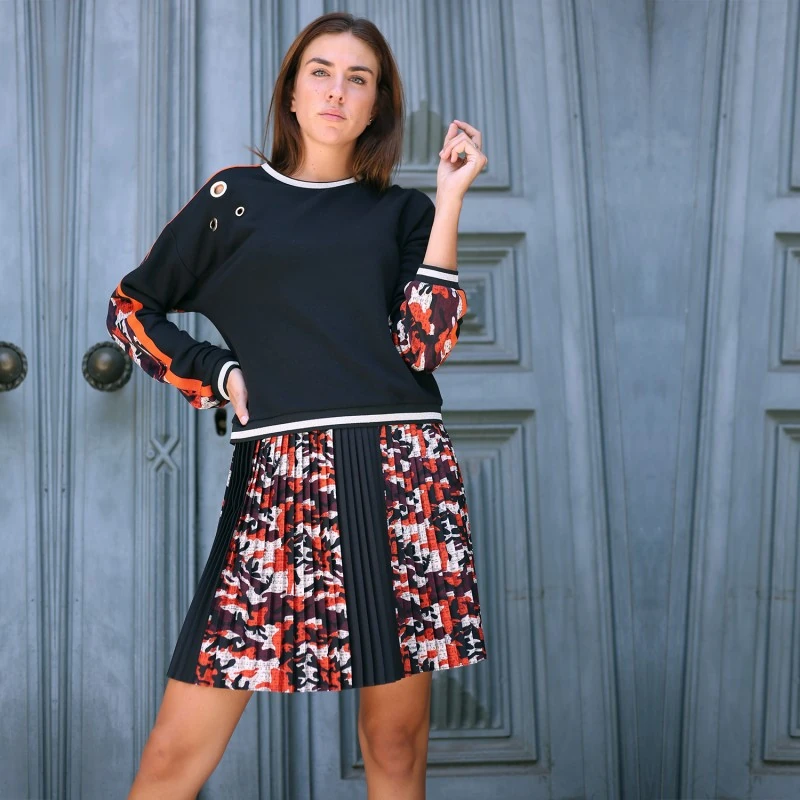 Black Sweatshirt With Eyelet Details & Camo Digital Print