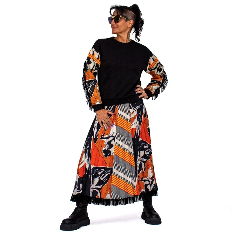 Black Sweatshirt With Printed Sleeves & Suede Fringe Details