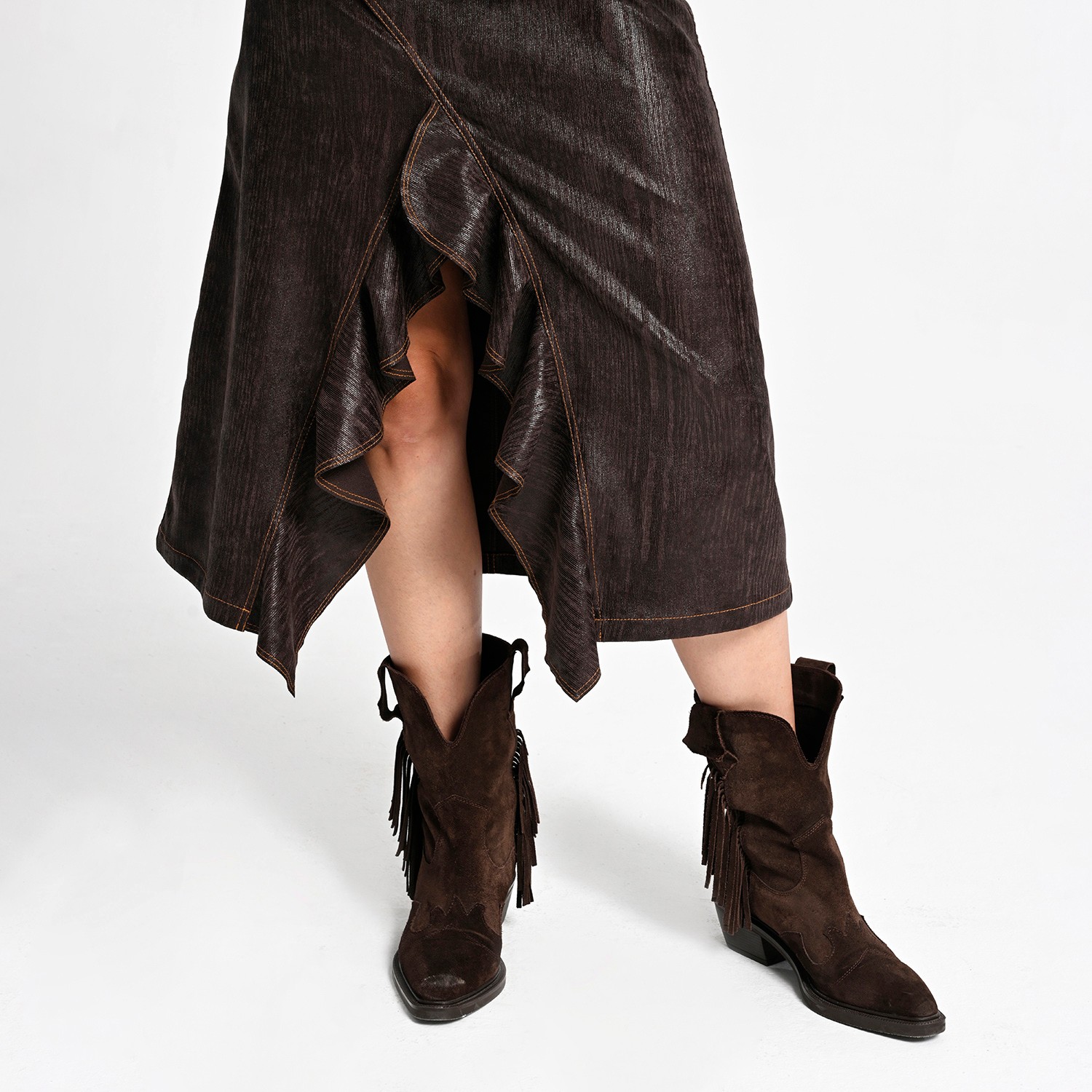 Ruffled Front Vegan Leather Midi Skirt