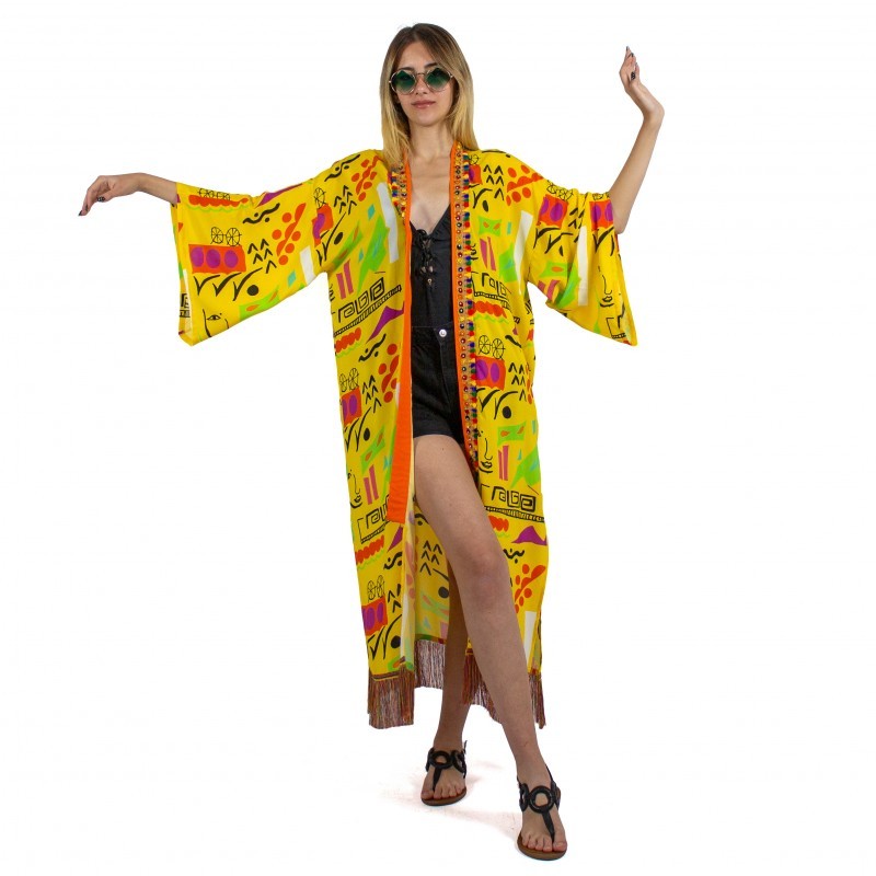 Yellow Viscose Kimono with Embroidery Border