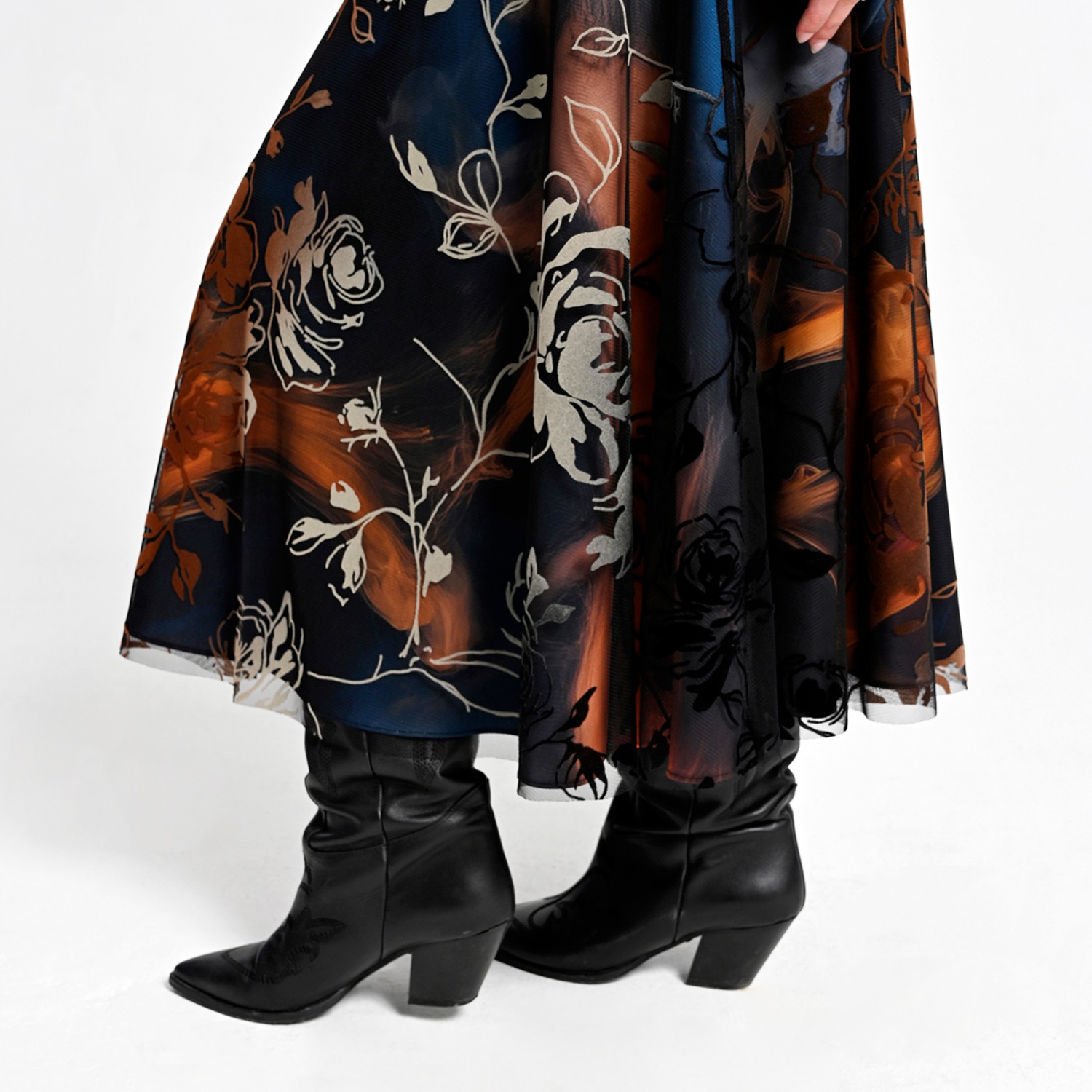 Layered Midi Skirt with Vegan Leather Waist