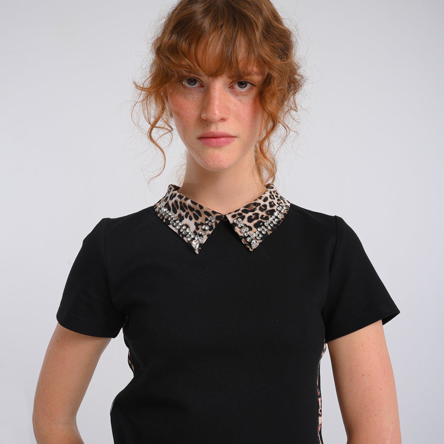 Mini Black Knitted Dress With Faux Crystal Embellished Leopard Print Collar