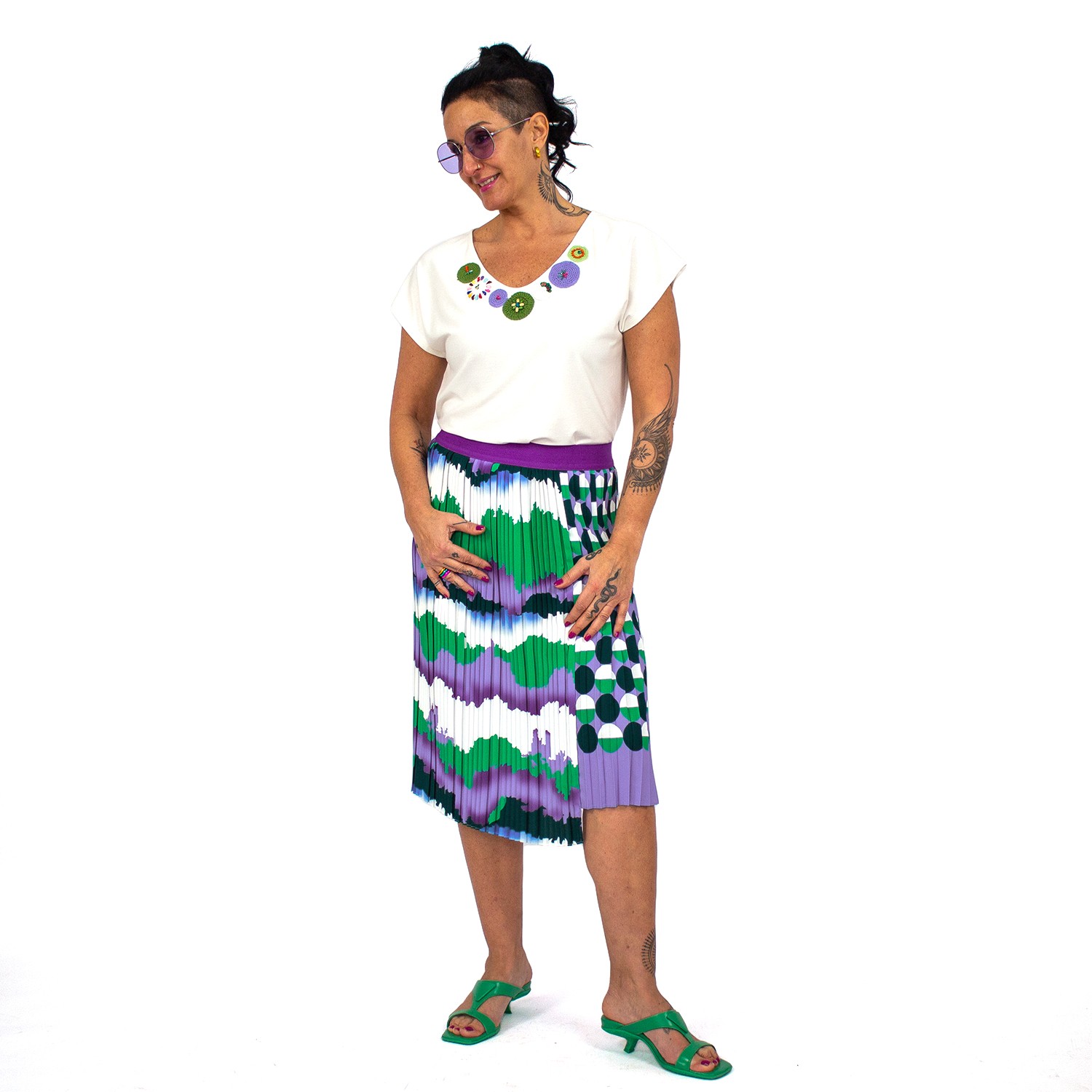 Asymmetric Midi Pleated Skirt With Wavey & Polka Dot Print