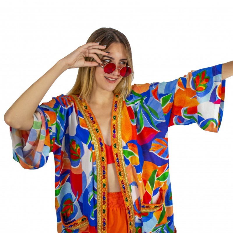 Colorful Leaf Print Midi Kimono with Embroidery Borders