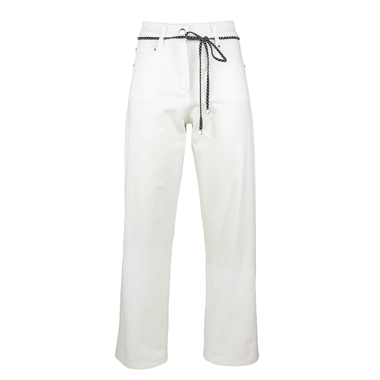 Wide-Leg White Cotton Pants With Detachable Cord Belt