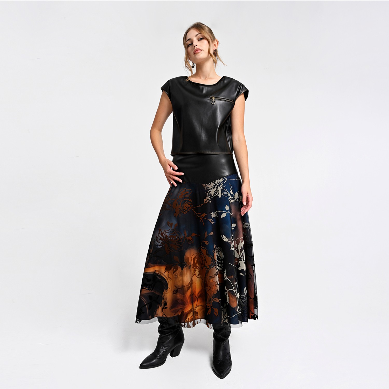 Sleeveless Blouse with Vegan Leather Finish and Zipper Detail