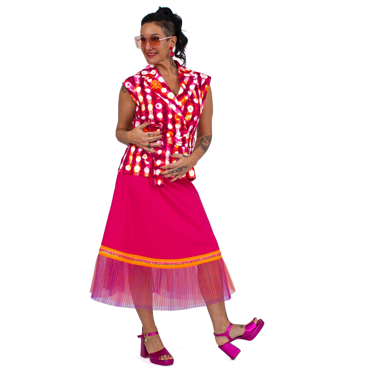 Fuchsia Skirt With Double Layer Pleated Tulle Detail