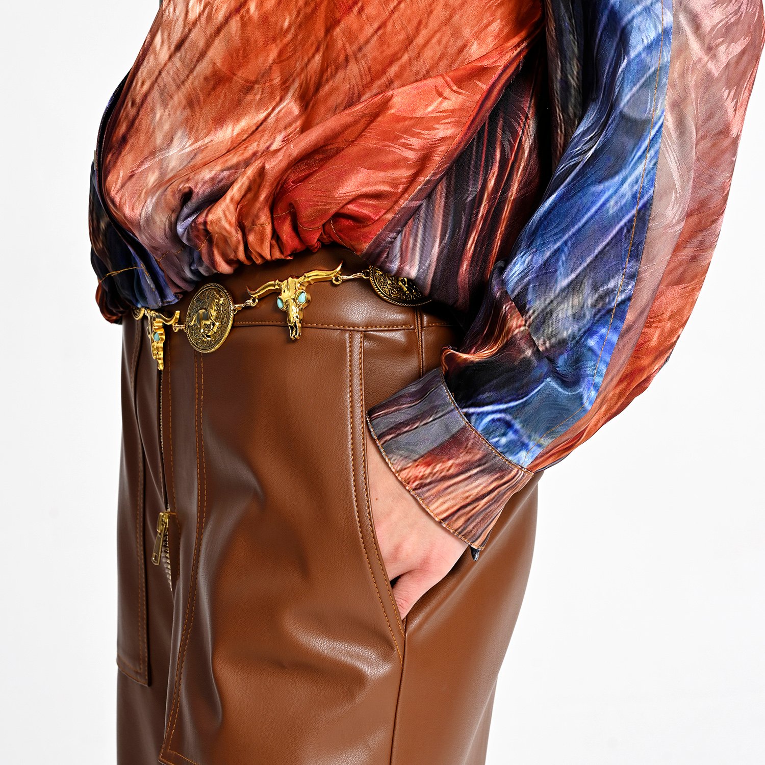 Wide-Leg Vegan Leather Pants With Front Zipper Detail