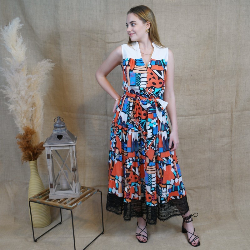 Long Sleeveless Voile Dress with Black Embroidery Detail