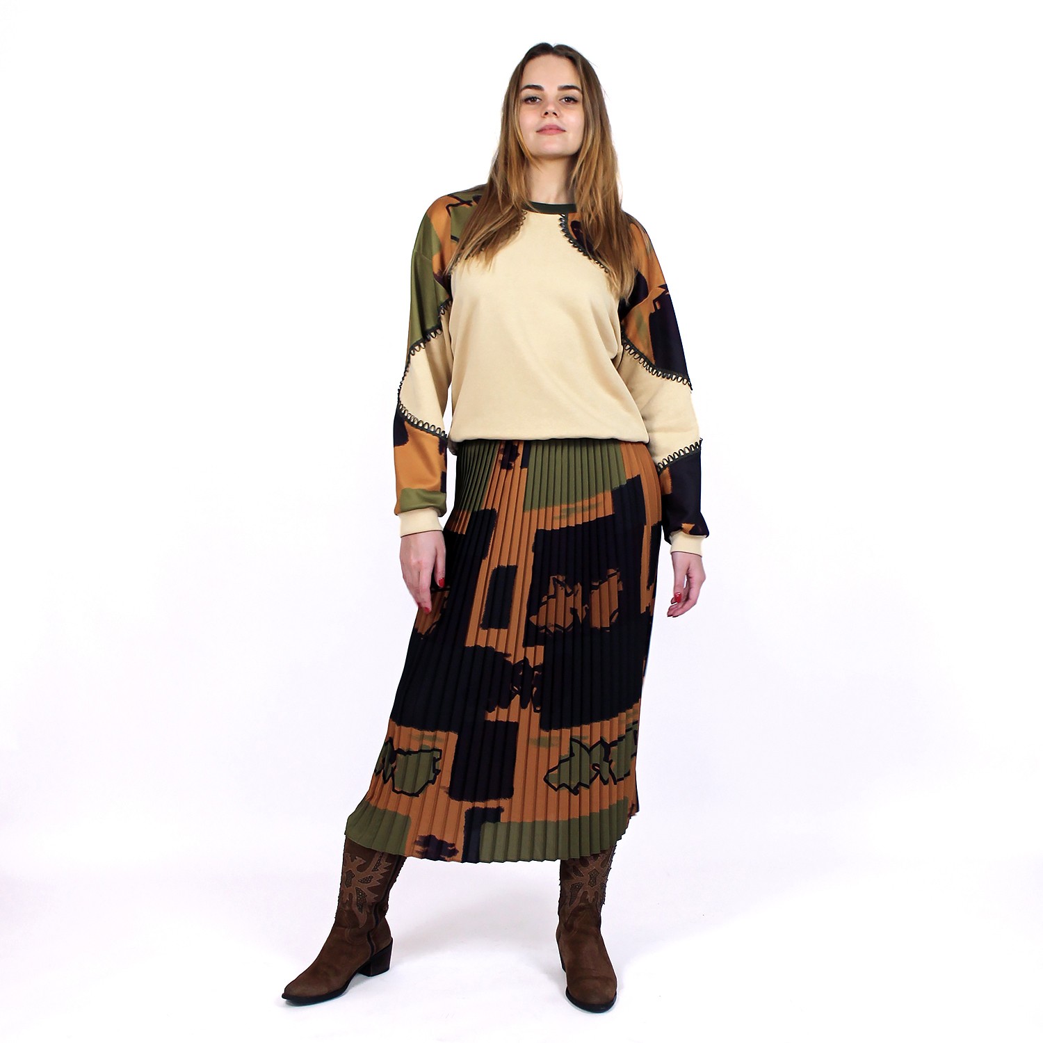 Abstract Print Sweatshirt with Khaki Vegan Leather Details