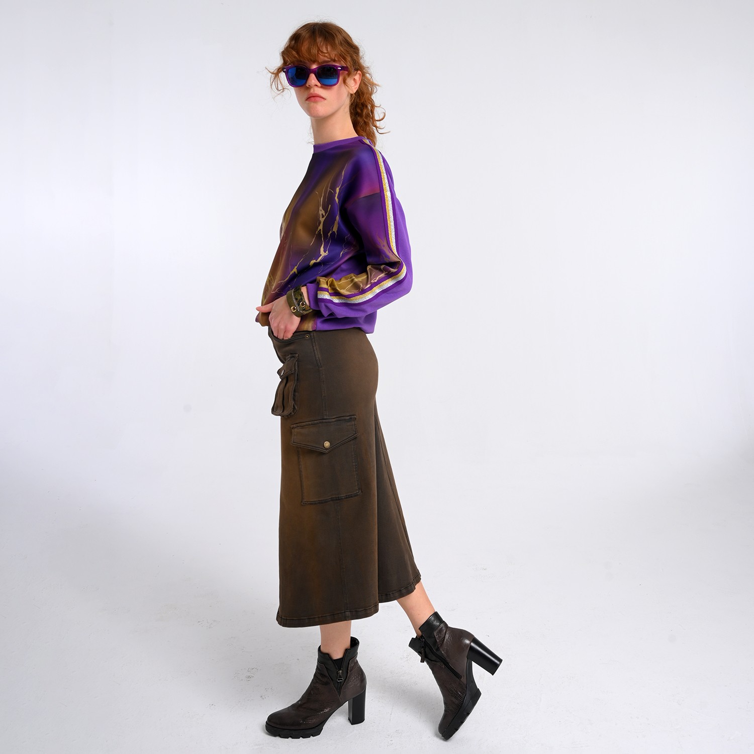 Abstract Print & Purple Paneled Sweatshirt