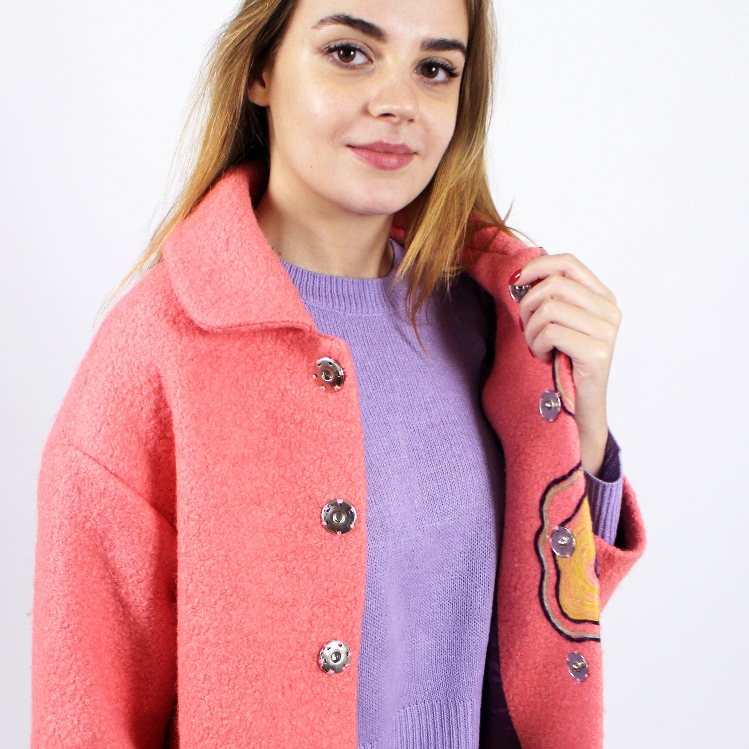 Wool Blend Coat With Flower Embroidery