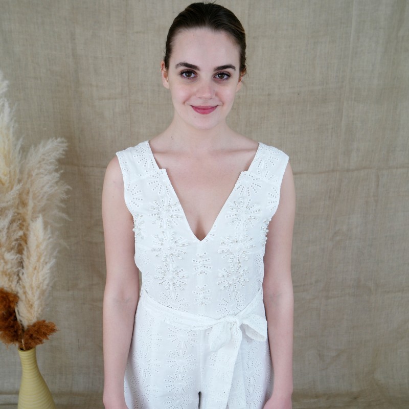 White Cotton Embroidery Jumpsuit With Faux Pearl & Diamond Details